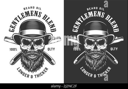 Gentleman skull in fedora hat emblem with crossed razor blades in vintage monochrome style isolated vector illustration Stock Vector