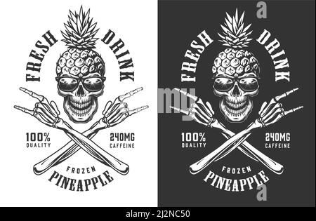 Pineapple skull in sunglasses vintage label with crossed skeleton hands showing rock gestures in monochrome style isolated vector illustration Stock Vector