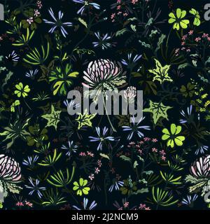 Wildflowers seamless pattern on a black background. Handwork. Vector illustration Stock Vector