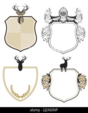 Coat of arms and shields with deer isolated on white background. illustration Stock Vector