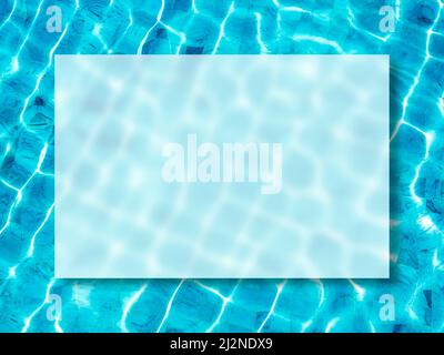A transparent glass border frame on the beautiful movement of blue water surface on the swimming pool background, top view. Empty blank space for summ Stock Photo