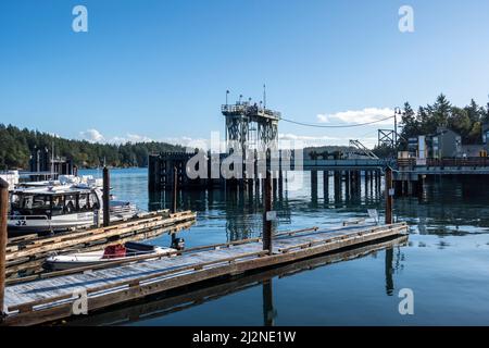 Friday Harbor, WA USA - circa November 2021: Wide view of the Friday Harbor ferry port on San Juan Island on a bright, sunny day. Stock Photo