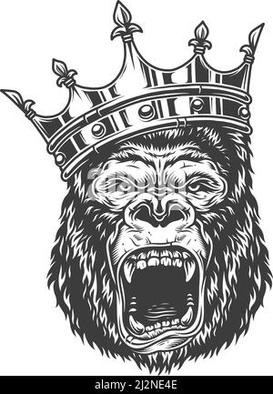 Vector illustration, angry gorilla head in the crown on a white background Stock Vector