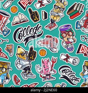 Vintage college funny seamless pattern with books diploma scroll fan glove sneakers cute characters of condom notepad paper cup stylish bottle vector Stock Vector