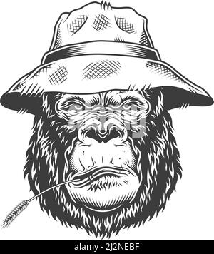 Serious gorilla in monochrome style in straw hat. Vector illustration Stock Vector