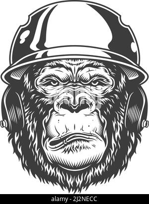 Serious gorilla in monochrome style in baseball helmet. Vector illustration Stock Vector