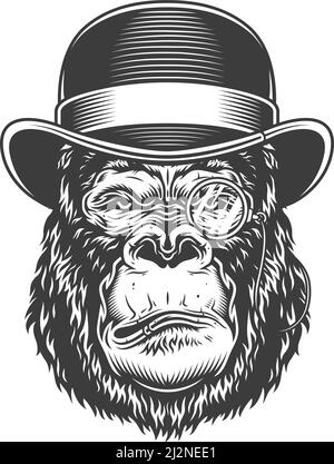 Serious gorilla in monochrome style in bowler hat. Vector illustration Stock Vector