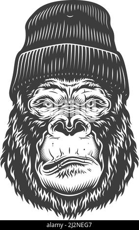 Serious gorilla in monochrome style in beanie hat. Vector illustration Stock Vector