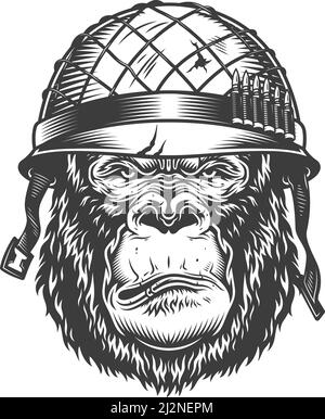 Serious gorilla in monochrome style in soldier helmet. Vector illustration Stock Vector