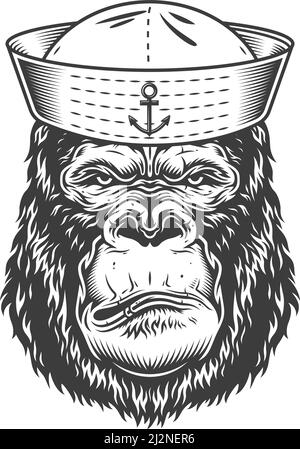 Serious gorilla in monochrome style in sailor hat. Vector illustration Stock Vector