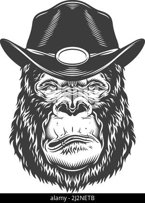Serious gorilla in monochrome style in sheriff hat. Vector illustration Stock Vector