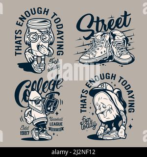 Vintage college monochrome labels with sneakers funny characters of yawning paper cup stylish pencil tired backpack isolated vector illustration Stock Vector