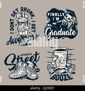 Vintage college monochrome labels with stylish bottle in paper bag drunk cola cup sneakers skeleton in mantle and graduation cap isolated vector illus Stock Vector