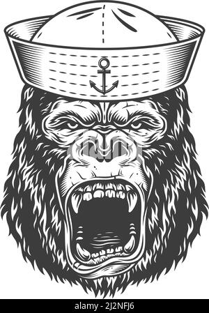 Angry gorilla in monochrome style in sailor hat. Vector vintage illustration Stock Vector