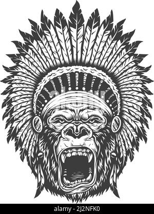 Angry gorilla in monochrome style in indian feather hat. Vector vintage illustration Stock Vector