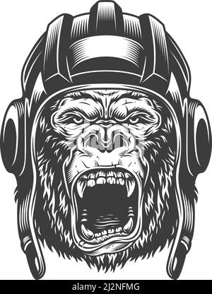 Angry gorilla in monochrome style in pilot helmet. Vector vintage illustration Stock Vector