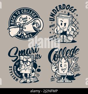 Vintage monochrome college logos with diploma scroll meditative book smart notepad and devil condom characters isolated vector illustration Stock Vector
