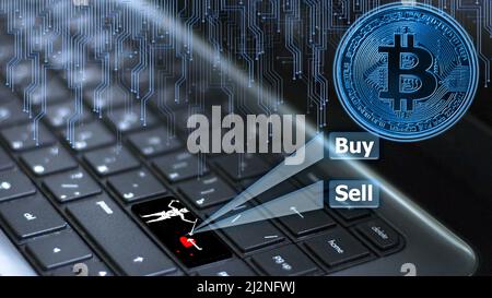 Keyboard with Blackbeard Pirate flag on enter button with bitcoin coin hologram and online buy and sell concept. Stock Photo