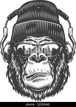 Gorilla head in monochrome style in headphones and beanie. Vector illustration Stock Vector
