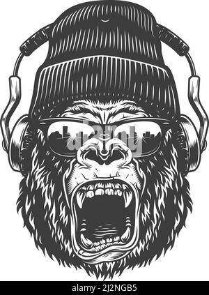Hipster gorila face in glasses and headphones. Vector illustration Stock Vector