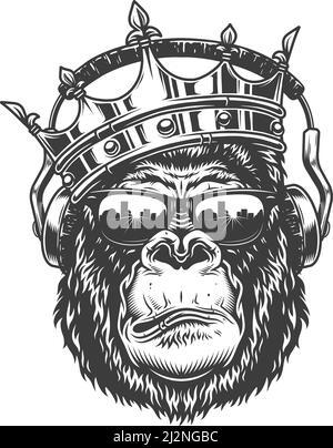 Gorilla head in monochrome style in crown and glasses and headphones. Vector illustration Stock Vector
