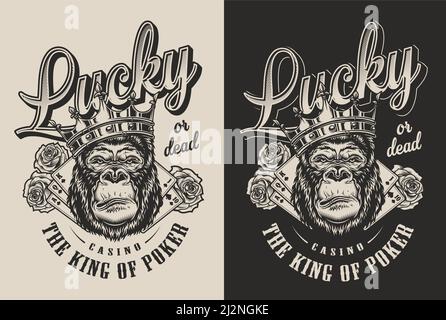 T-shirt print with gorilla in crown, casino concept. Vector illustration Stock Vector
