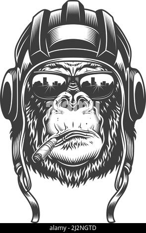 Gorilla head in monochrome style in helmet and glasses. Vector illustration Stock Vector