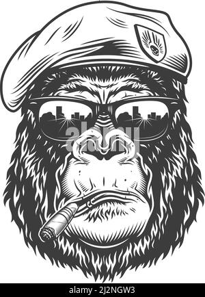 Gorilla head in monochrome style in beret. Vector illustration Stock Vector