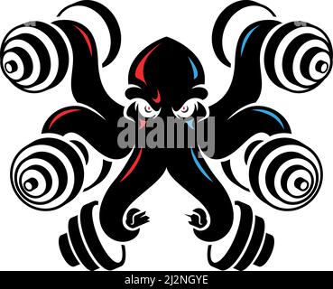 Black Octopus Holding Dumbbells by Its Tentacles Stock Vector