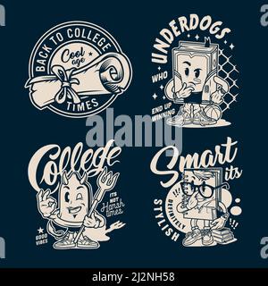 Vintage college labels with diploma scroll and funny characters of smart notepad meditative book condom with devil horns tail trident isolated vector Stock Vector