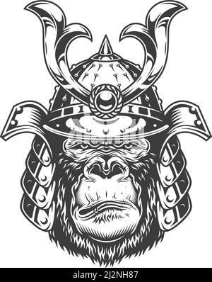 Vintage serious gorilla warrior in samurai helmet in monochrome style isolated vector illustration Stock Vector