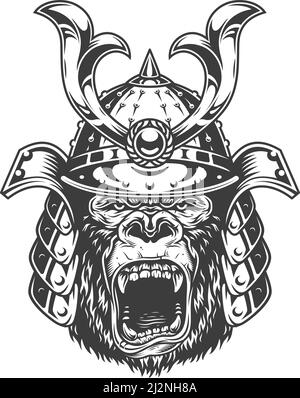Vintage monochrome angry gorilla head in japanese samurai helmet isolated vector illustration Stock Vector