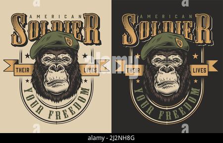T-shirt print with gorilla soldier concept. Vector illustration Stock Vector