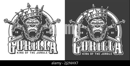 Angry gorilla in crown vintage label with crossed swords in monochrome style isolated vector illustration Stock Vector