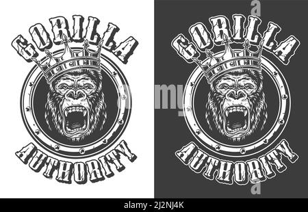 Vintage ferocious gorilla king round emblem in monochrome style on dark and light backgrounds isolated vector illustration Stock Vector