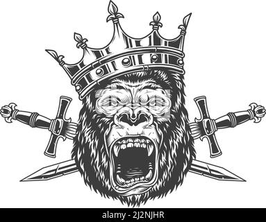 Ferocious gorilla king head in crown with crossed daggers in vintage monochrome style isolated vector illustration Stock Vector