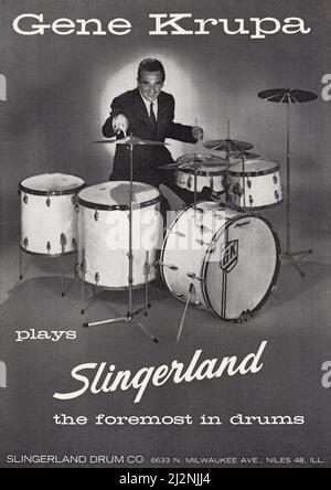 A full page ad for Slingerland Drums from a 1960 American music magazine featuring jazz drumming legend, Gene Krupa. Stock Photo