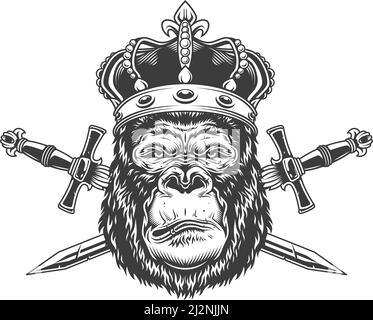 Vintage serious gorilla head in crown with crossed swords in monochrome style isolated vector illustration Stock Vector
