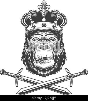 Serious gorilla head in royal crown with crossed swords in vintage monochrome style isolated vector illustration Stock Vector