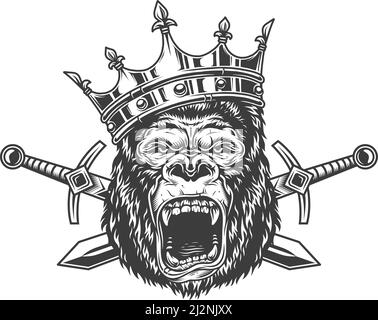 Angry gorilla head in royal crown with crossed swords in vintage monochrome style isolated vector illustration Stock Vector