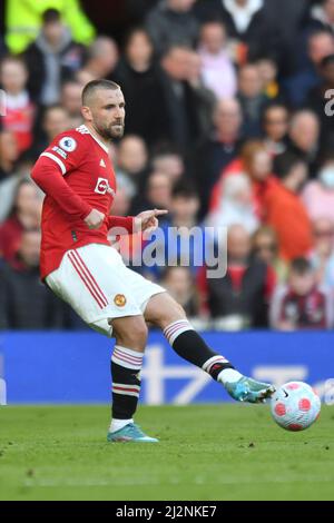 Manchester United's Luke Shaw during the Premier League match at Old Trafford, Greater Manchester, UK. Picture date: Saturday April 2, 2022. Photo credit should read: Anthony Devlin Stock Photo