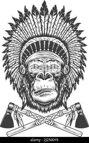 Vintage monochrome serious gorilla head with native american indian chief headwear and crossed tomahawks isolated vector illustration Stock Vector