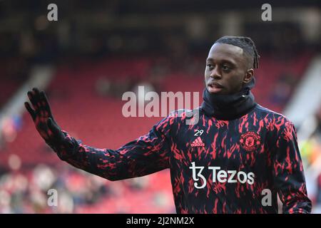 Manchester United's Aaron Wan-Bissaka during the Premier League match at Old Trafford, Greater Manchester, UK. Picture date: Saturday April 2, 2022. Photo credit should read: Anthony Devlin Stock Photo