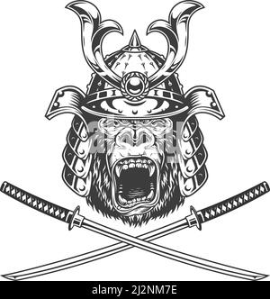 Ferocious gorilla head in samurai helmet with crossed sabers in vintage monochrome style isolated vector illustration Stock Vector