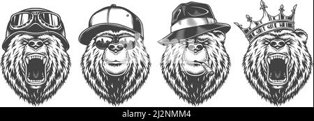Vintage logo style bear set of illustration. Vector image Stock Vector