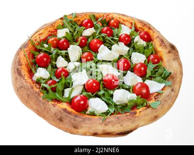 Bufala mozzarella cheese and fresh cherry tomatoes oven baked italian pizza Stock Photo