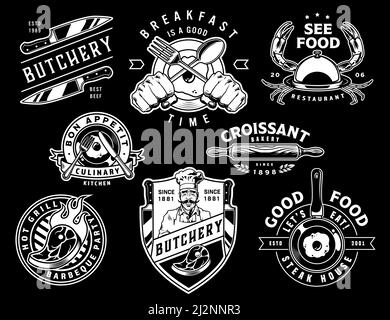 Vintage monochrome cooking emblems with butcher meat knives hands holding fork and spoon rolling pin steaks omelette on frying pan sea food isolated v Stock Vector