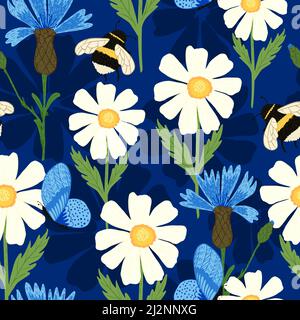 Cute bee on meadow seamless pattern. Summer flowers on blue background. Repeated nature design texture for printing, fabric, wrapping paper, fashion, Stock Vector