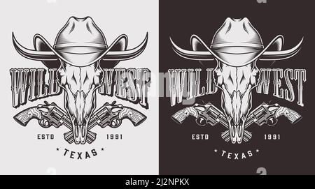 Monochrome vintage emblems with cowboy concept. Vector retro illustration Stock Vector