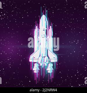 Concept image with glitch effect and space shuttle. Vector illustration Stock Vector